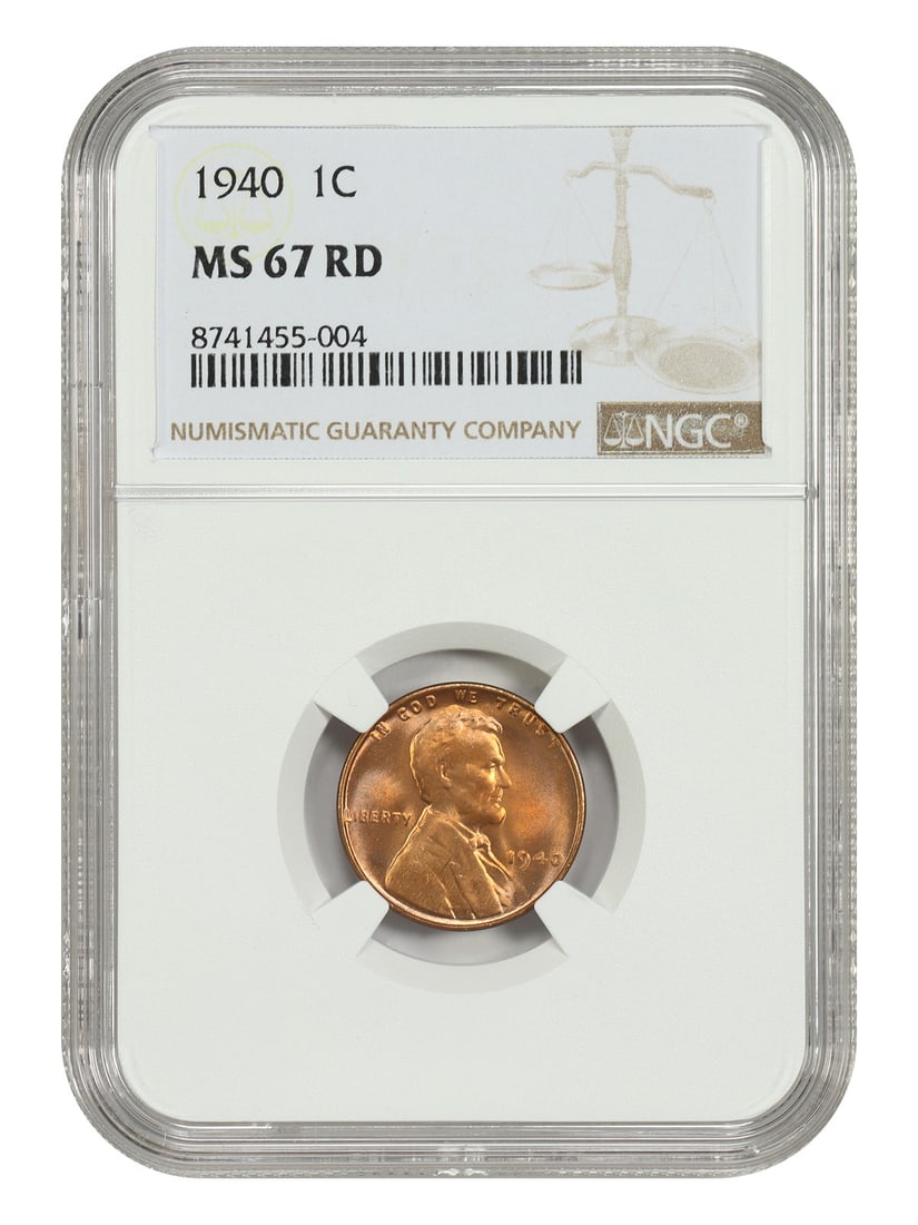 Lincoln Cent Wheat Reverse 1940 1C MS67RD: Lincoln Cent Wheat Reverse 1940 1C MS67RD The 1940 Lincoln Cent Wheat Reverse, graded MS67RD by the Numismatic Guaranty Corporation (NGC), boasts exceptional mint state condition with rich red color.