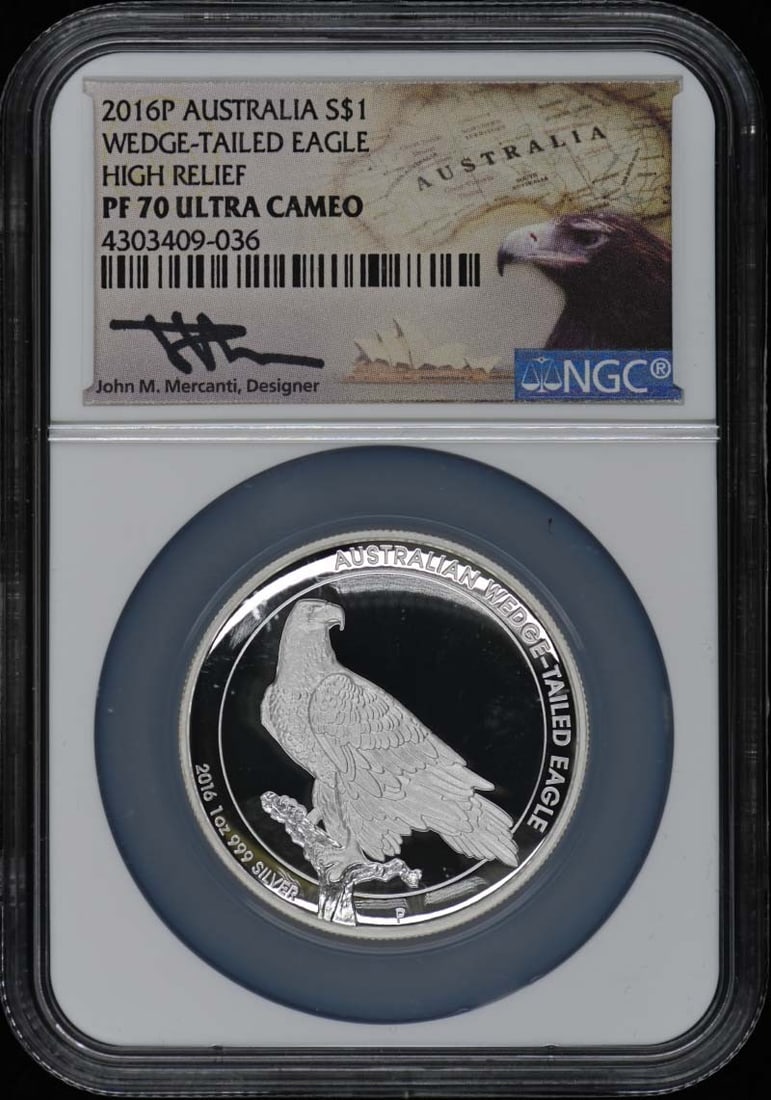 AUSTRALIA WEDGE-TAILED EAGLE HIGH RELIEF S$1 NGC PR70DCAM: AUSTRALIA WEDGE-TAILED EAGLE HIGH RELIEF S$1 NGC PR70DCAM This 2016 Australia Wedge-Tailed Eagle high relief coin is certified by the Numismatic Guaranty Corporation (NGC) as PR70DCAM, indicating it
