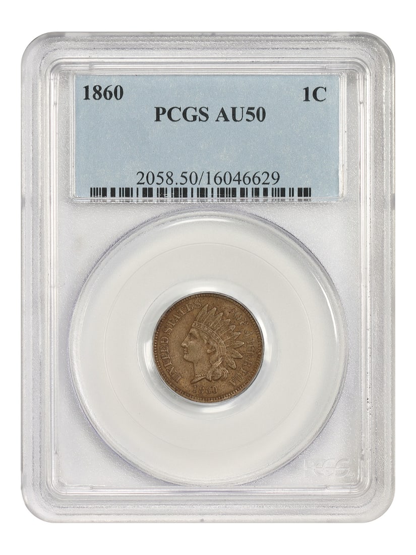 1860 1C PCGS AU50 - Indian Cent - Popular Copper-Nickel Cent: 1860 1C PCGS AU50 - Indian Cent - Popular Copper-Nickel Cent The 1860 1C PCGS AU50 Indian Cent is a circulated example of this popular copper-nickel cent, bearing the mark of the Philadelphia Mint.