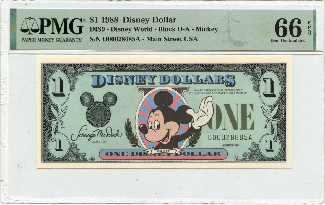 1988 $1 Disney Dollar Mickey DIS9 PMG GEM 66 EPQ: 1988 $1 Disney Dollar Mickey DIS9 PMG GEM 66 EPQ The 1988 $1 Disney Dollar features a iconic Mickey Mouse design, a beloved character from Disney's early years. This coin has been certified by PMG as 