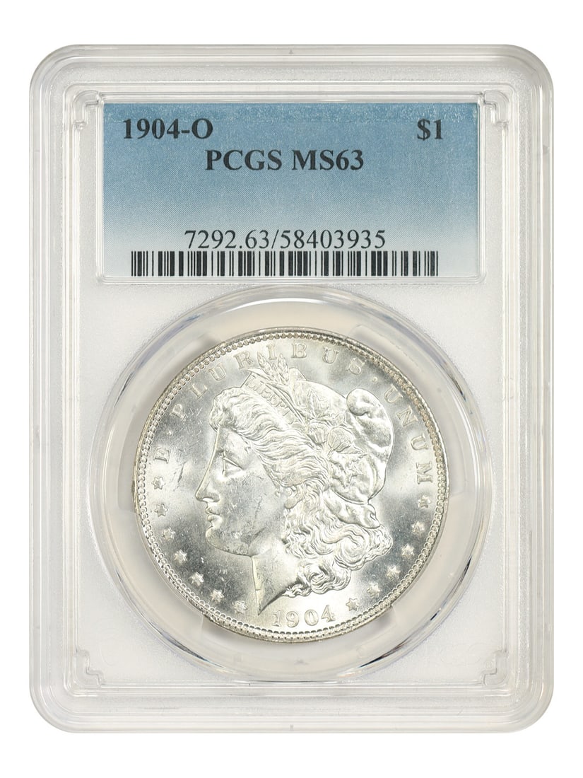 1904-O $1 PCGS MS63 - Morgan Dollar: 1904-O $1 PCGS MS63 - Morgan Dollar The 1904-O $1 Morgan Dollar is a highly detailed and well-preserved coin, certified MS63 by PCGS. This uncirculated coin boasts a rich history, having been minted