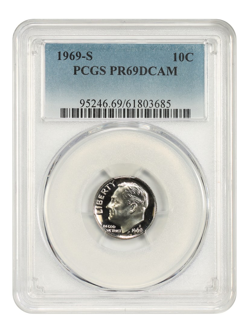 PCGS PR69DCAM Roosevelt Dime 1969-S: PCGS PR69DCAM Roosevelt Dime 1969-S The 1969-S Roosevelt Dime is a highly detailed and well-crafted coin, certified by PCGS as PR69DCAM. This uncirculated coin features a striking design and is a test