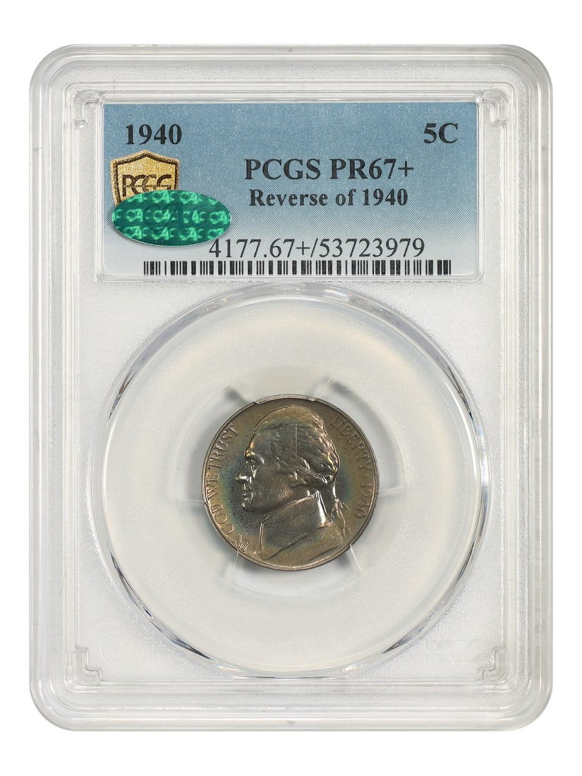 PCGS CAC PR67+ 1940 Reverse Jefferson Nickel: PCGS CAC PR67+ 1940 Reverse Jefferson Nickel The 1940 Reverse Jefferson Nickel is a highly graded coin, boasting a PCGS CAC PR67+ certification, indicating exceptional condition. This uncirculated coi