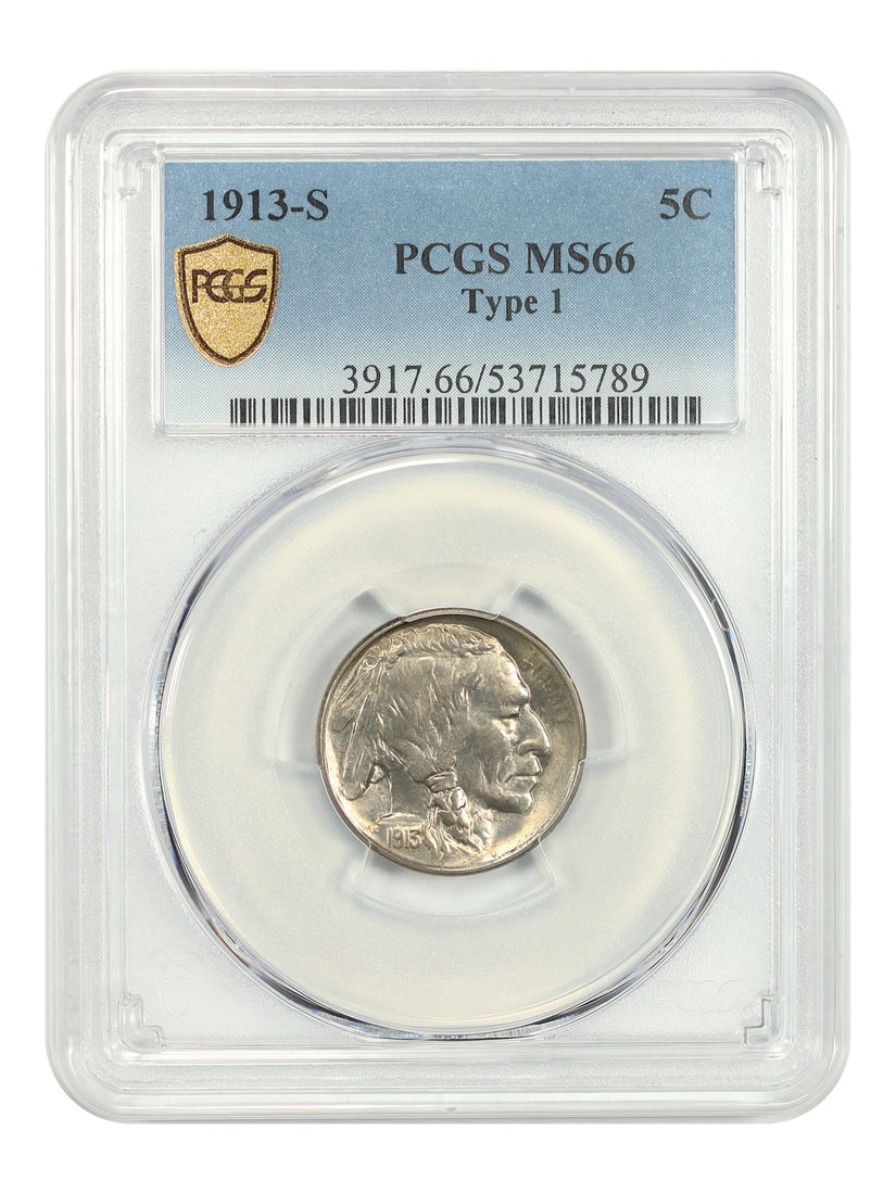 1913-S 5C PCGS MS66 (Type 1) - Buffalo Nickel: 1913-S 5C PCGS MS66 (Type 1) - Buffalo Nickel 1913-S 5C PCGS MS66 (Type 1) Buffalo Nickel - A highly graded Type 1 Buffalo Nickel from the 1913-S San Francisco mint, certified by PCGS as MS66. This co