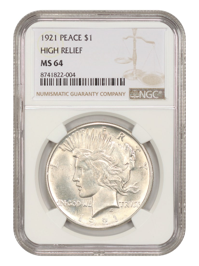High Relief MS64 1921 $1 Peace Dollar Key First Year Issue: High Relief MS64 1921 $1 Peace Dollar Key First Year Issue High Relief MS64 1921 $1 Peace Dollar Key First Year Issue is a highly detailed and well-certified coin, featuring the iconic High Relief des