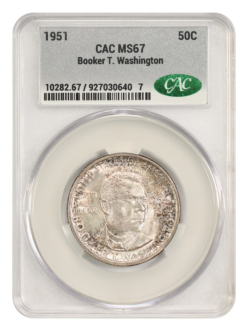 Silver Commemorative MS67 CACG 50C Classic 1951 Booker T. Washington: Silver Commemorative MS67 CACG 50C Classic 1951 Booker T. Washington The 1951 50C Classic coin, certified MS67 by CACG, boasts a striking design with its iconic portrait of Booker T. Washington. Minta