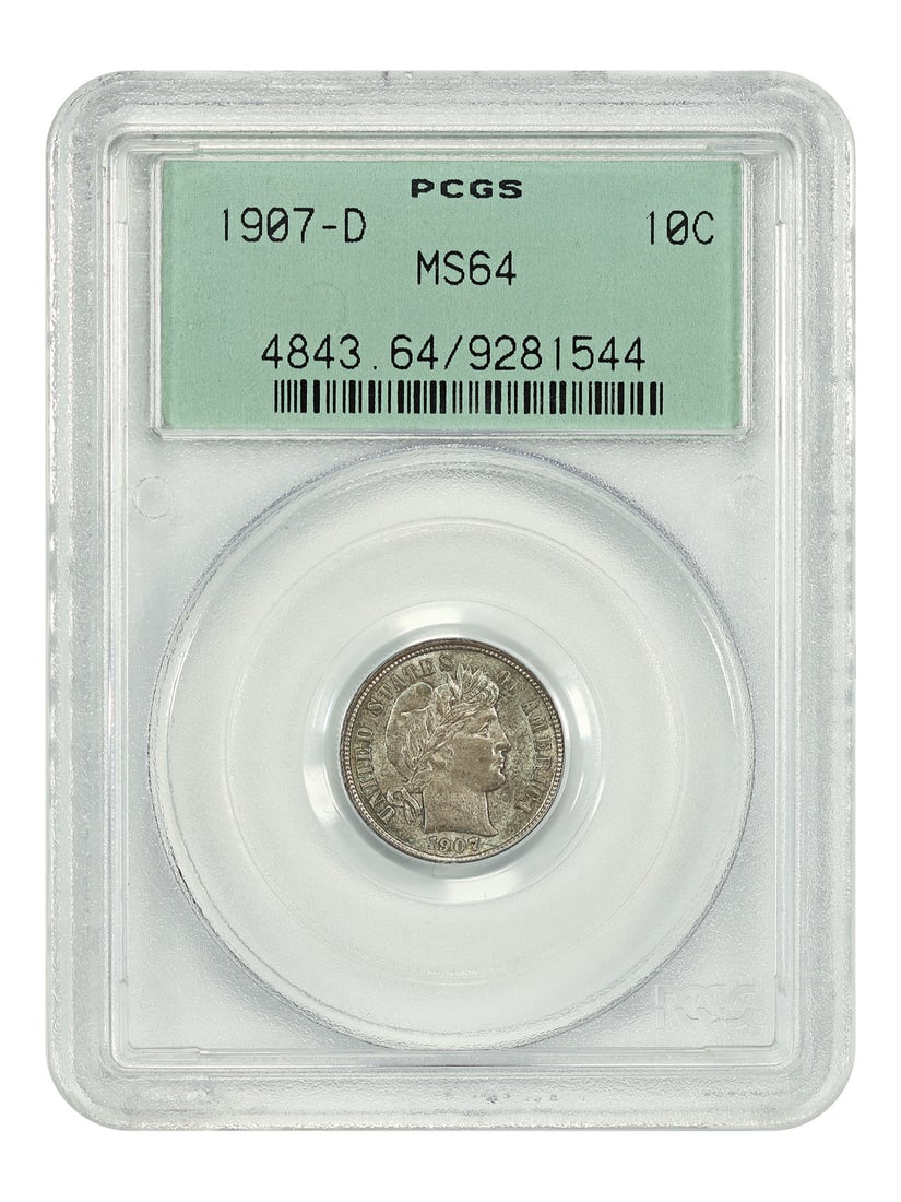 1907-D 10C PCGS MS64 (OGH) - Barber Dime: 1907-D 10C PCGS MS64 (OGH) - Barber Dime The 1907-D 10C PCGS MS64 (OGH) Barber Dime boasts a stunning MS64 grade, indicating exceptional condition with minimal wear. This highly sought-after coin feat