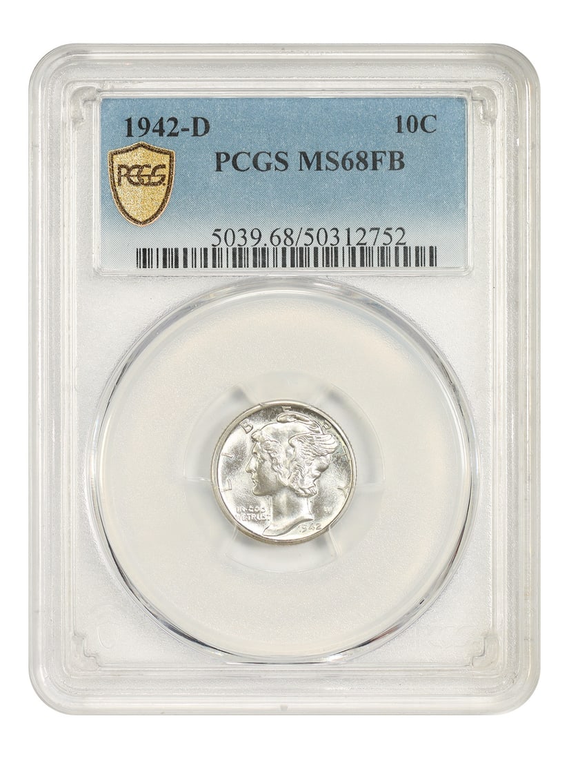 PCGS MS68FB Mercury Dime 1942-D: PCGS MS68FB Mercury Dime 1942-D The PCGS MS68FB Mercury Dime 1942-D is a highly graded, uncirculated coin featuring a striking Mercury design. Certified by the Professional Coin Grading Service (PCGS)