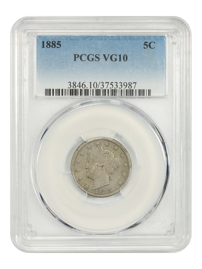 1885 5C PCGS VG10 - Liberty Nickel - Key Date: 1885 5C PCGS VG10 - Liberty Nickel - Key Date VG10 graded 1885 Liberty Nickel, a key date in the series, boasts a circulated condition and a PCGS certification. This 5C coin features a Philadelphia mi