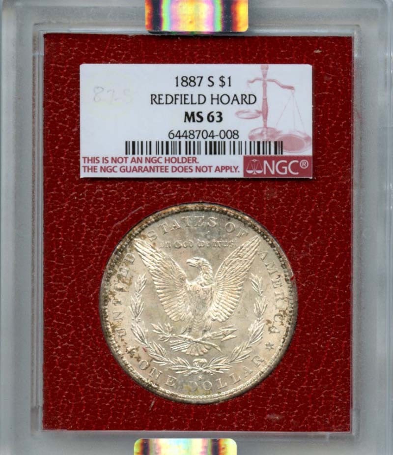 Morgan Dollar Redfield Hoard 1887-S $1 MS 63: Morgan Dollar Redfield Hoard 1887-S $1 MS 63 The 1887-S Morgan Dollar Redfield Hoard is a highly graded Uncirculated coin, certified by the Numismatic Guaranty Corporation (NGC) with a grade of MS63. 