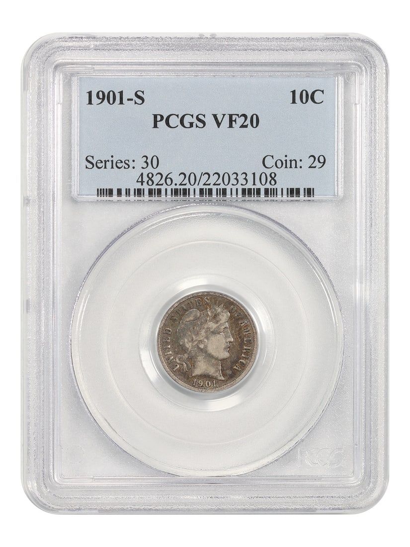Dime Barber 10c PCGS VF20 1901-S: Dime Barber 10c PCGS VF20 1901-S The Dime Barber 10c PCGS VF20 1901-S is a circulated 1901-S dime with a verified grade of VF20, certified by the Professional Coin Grading Service (PCGS). This coin be