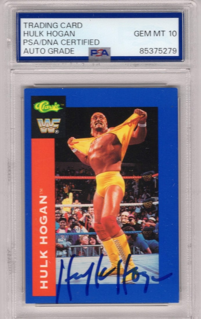 Hulk Hogan 1991 Classic Autographed Card PSA Auto Grade GEM MT 10: Hulk Hogan 1991 Classic Autographed Card PSA Auto Grade GEM MT 10 Signed across the front in blue sharpie, this 1991 Hulk Hogan autographed card boasts a PSA Auto Grade of GEM MT 10, a rare and except