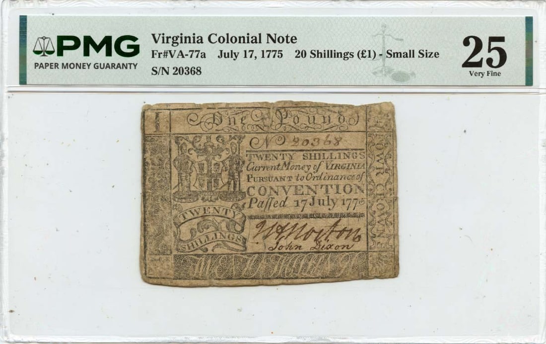 Colonial Note 1775 17 July 20s Virginia FR#VA-77a Choice: Colonial Note 1775 17 July 20s Virginia FR#VA-77a Choice This 1775 Colonial Note from Virginia features a unique design and bears a signature, making it a fascinating piece of American history. Printe