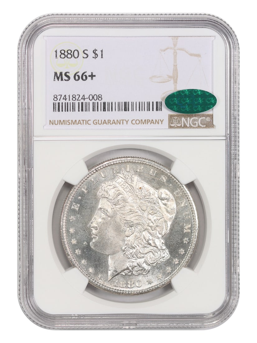 1880-S $1 NGC/ CAC MS66+ - Morgan Dollar - Popular Collector Date: 1880-S $1 NGC/ CAC MS66+ - Morgan Dollar - Popular Collector Date The 1880-S $1 Morgan Dollar is a highly sought-after collector's item, featuring a striking San Francisco mint mark and a grade of MS6