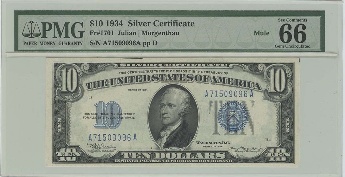 $10 Silver Certificate FR#1701 1934 PMG 66EPQ Gem Unc MULE: $10 Silver Certificate FR#1701 1934 PMG 66EPQ Gem Unc MULE Item Specifics: Certification: PMG Certification Number: 1022552001 Grade: MS66 Circulated/Uncirculated: Uncirculated Denomination: Silver Ce