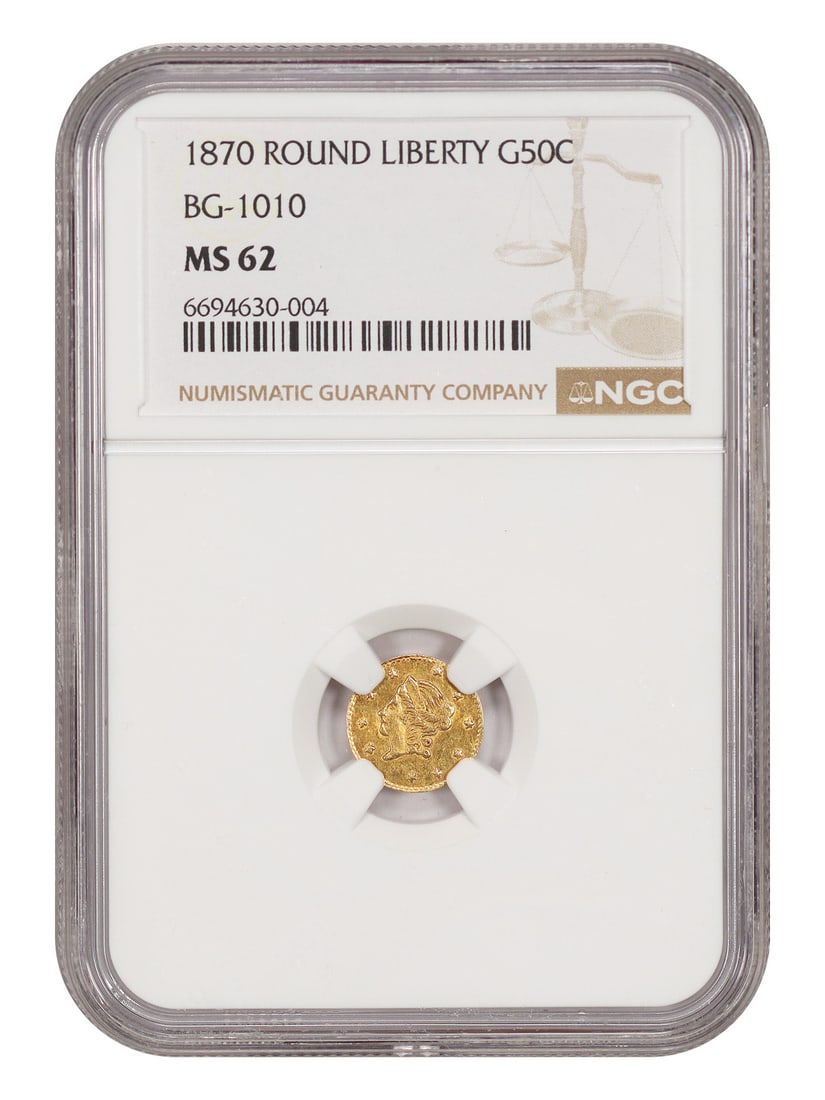 Cal. Fractional: 1870 G50C NGC MS62 (BG-1010) - California Fractional Gold: Cal. Fractional: 1870 G50C NGC MS62 (BG-1010) - California Fractional Gold 1870 G50C NGC MS62 (BG-1010) - California Fractional Gold. This 1870 California Fractional Gold half-dollar coin is certified