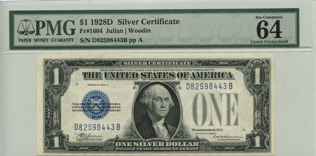 1928D $1 Silver Certificate Blue Seal Fr# 1604 PMG CH64 EPQ: 1928D $1 Silver Certificate Blue Seal Fr# 1604 PMG CH64 EPQ The 1928D $1 Silver Certificate features a striking blue seal and is certified by PMG as MS64 Uncirculated. This rare find is a testament to