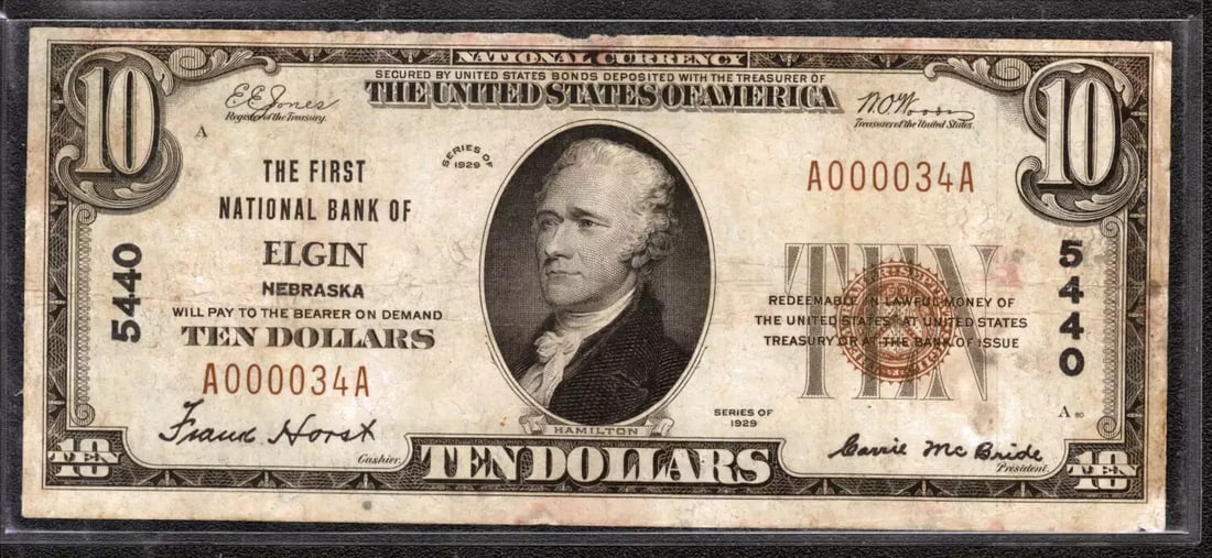 FIRST NATIONAL BANKNOTE CURRENCY 1929 ELGIN NEBRASKA: FIRST NATIONAL BANKNOTE CURRENCY 1929 ELGIN NEBRASKA The 1929 Elgin, Nebraska $10 bill is a circulated example of small national bank notes from the United States, bearing a unique serial number (A000