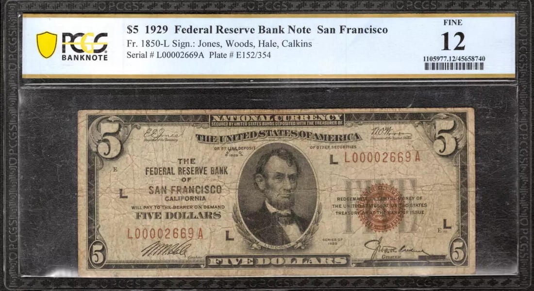 1929 $5 FEDERAL RESERVE BANK NOTE SAN FRANCISCO FR.1850-L PCGS B FINE F 12 (669A (1 of 2)
