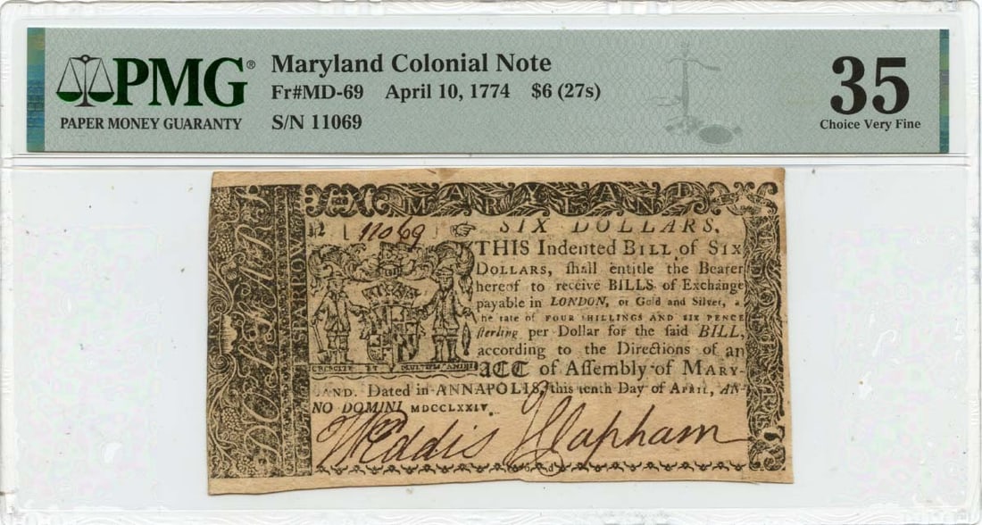 Maryland Colonial Note $6 FR#MD-69 PMG VF35 April 10 1774: Maryland Colonial Note $6 FR#MD-69 PMG VF35 April 10 1774 PMG VF35 April 10 1774, a circulated Maryland Colonial Note, boasts a notable date and denomination, offering a glimpse into the early financi