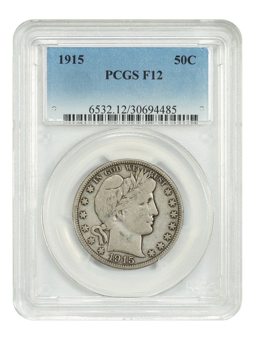 1915 50C PCGS Fine 12 - Barber Half Dollar - Key, Low Mintage Date: 1915 50C PCGS Fine 12 - Barber Half Dollar - Key, Low Mintage Date The 1915 Barber Half Dollar is a highly sought-after coin, with a low mintage date making it a key find for collectors. This PCGS Fin
