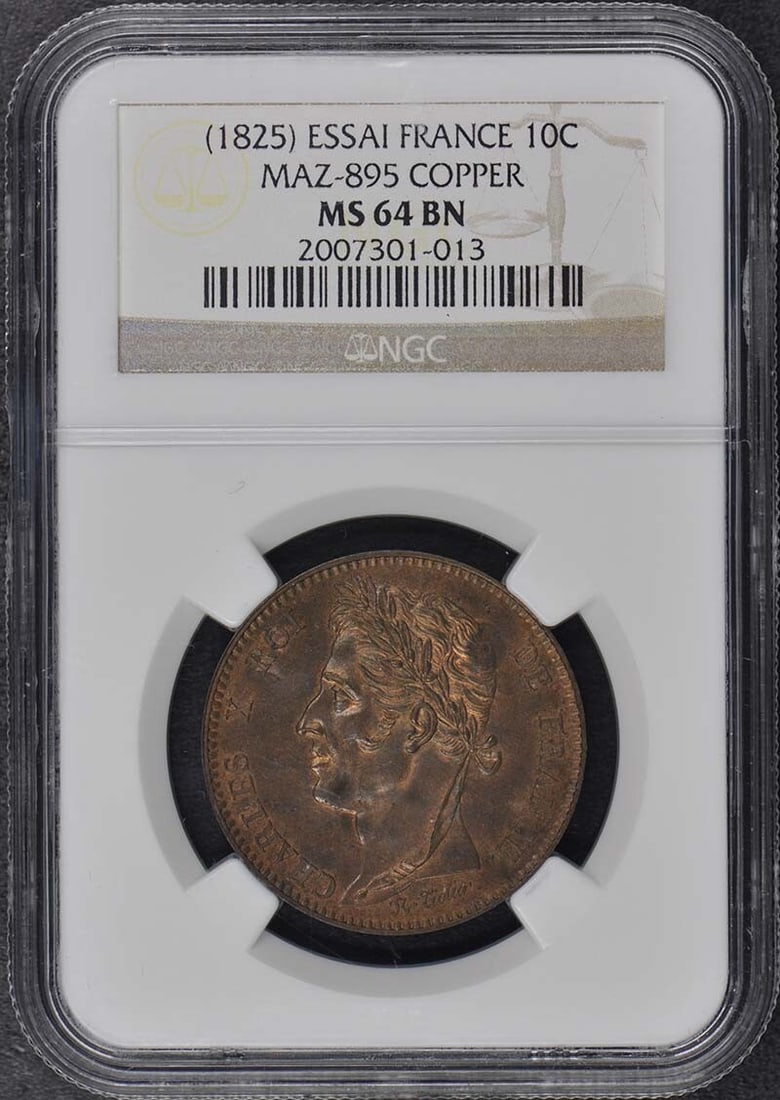 1825 ESSAI FRANCE 10C Maz-895 NGC MS64 BN Copper: 1825 ESSAI FRANCE 10C Maz-895 NGC MS64 BN Copper Uncirculated 1825 ESSAI FRANCE 10C, graded MS64 by NGC, bearing the distinctive Maz-895 design, showcases the intricate details of early French coinage