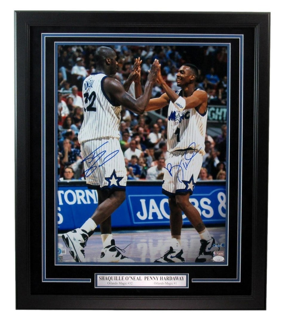 Shaquille Shaq O'Neal Penny Hardaway Autographed 16x20 Photo Magic Framed JSA361: Shaquille Shaq O'Neal Penny Hardaway Autographed 16x20 Photo Magic Framed JSA361 Signed by both Shaquille Shaq O'Neal and Penny Hardaway, this 16x20 photo of the Orlando Magic duo is framed in magic,