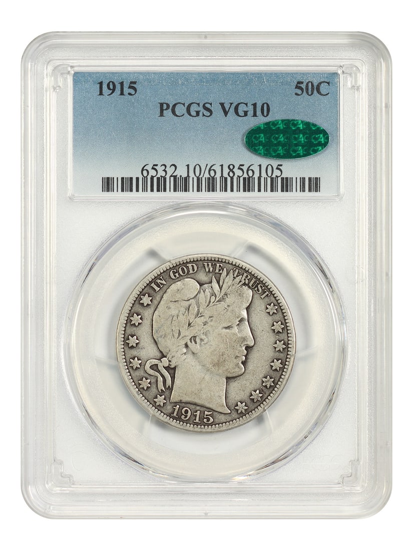 PCGS CAC VG10 50C 1915 Barber Half Dollar Key Low Mintage Date: PCGS CAC VG10 50C 1915 Barber Half Dollar Key Low Mintage Date The 1915 Barber Half Dollar, with its distinctive design and low mintage date, is a highly sought-after collector's item. This PCGS CAC