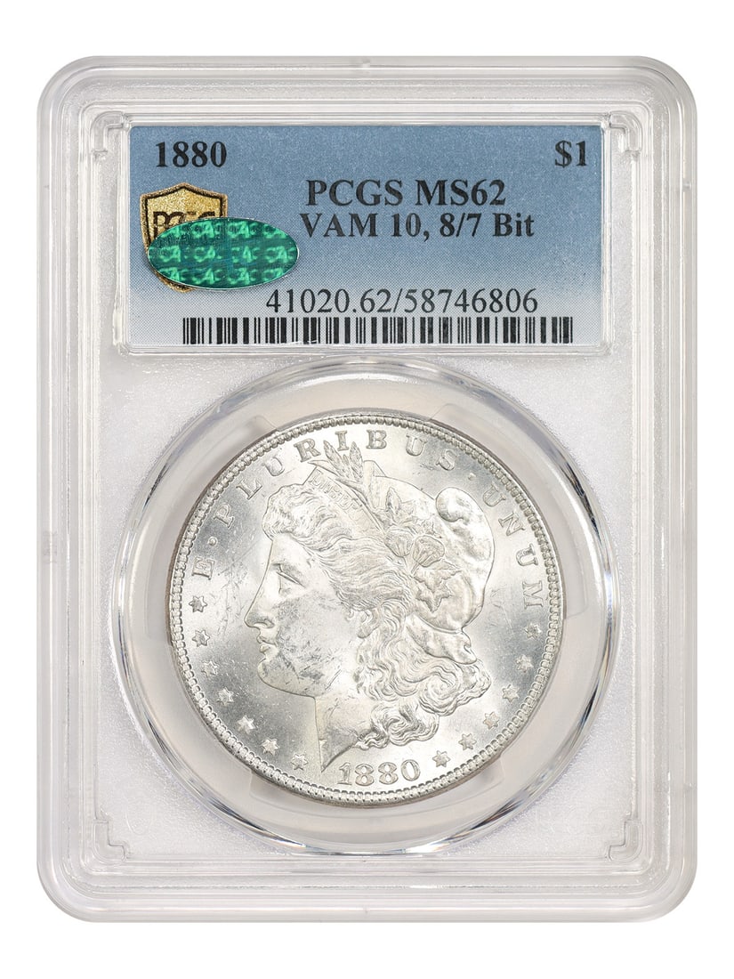 1880 $1 PCGS/ CAC MS62 (VAM 10, 8/ 7 Bit) - Morgan Dollar: 1880 $1 PCGS/ CAC MS62 (VAM 10, 8/ 7 Bit) - Morgan Dollar The 1880 $1 Morgan Dollar, graded MS62 by PCGS and CAC, boasts a striking 8/7 Bit VAM designation, a hallmark of its exceptional condition and