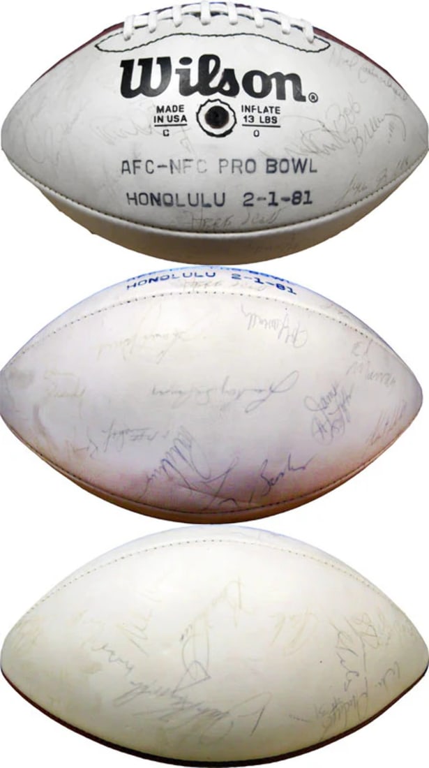 White Panel Football Autographed Pro Bowl 1981: White Panel Football Autographed Pro Bowl 1981 White Panel Football Bearer of 1981 Pro Bowl Autograph. This autographed football features a white panel, a notable design element. Packed and shipped