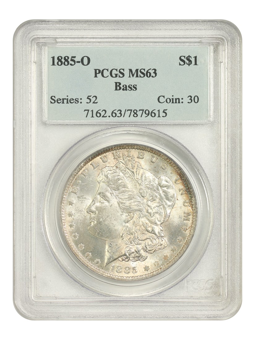 MS63 $1 PCGS ex Bass Popular O Mint Morgan: MS63 $1 PCGS ex Bass Popular O Mint Morgan MS63 $1 PCGS ex Bass Popular O Mint Morgan features a circulated uncirculated condition, certified by the Professional Coin Grading Service (PCGS) with a cer