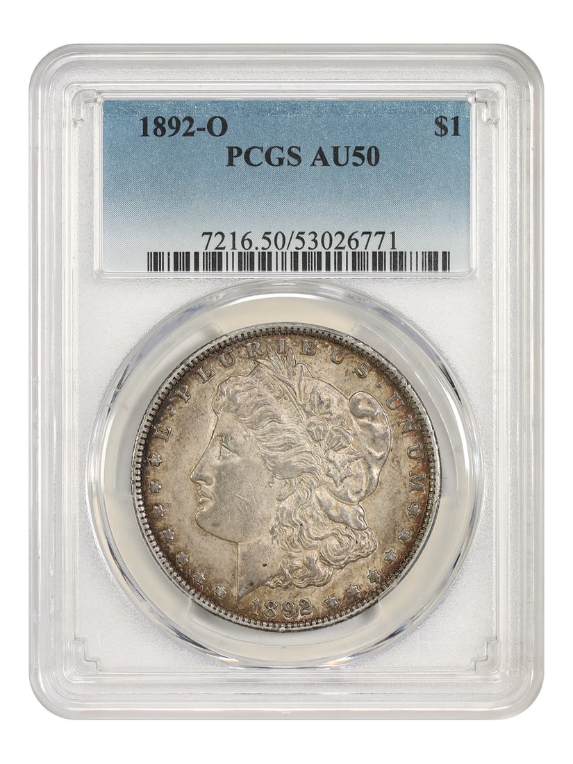 1892-O $1 PCGS AU50 - Morgan Dollar - Desirable O-Mint Morgan: 1892-O $1 PCGS AU50 - Morgan Dollar - Desirable O-Mint Morgan 1892-O $1 PCGS AU50 - Morgan Dollar - Desirable O-Mint MorganThis 1892-O Morgan Dollar, graded AU50 by PCGS, showcases the distinctive New