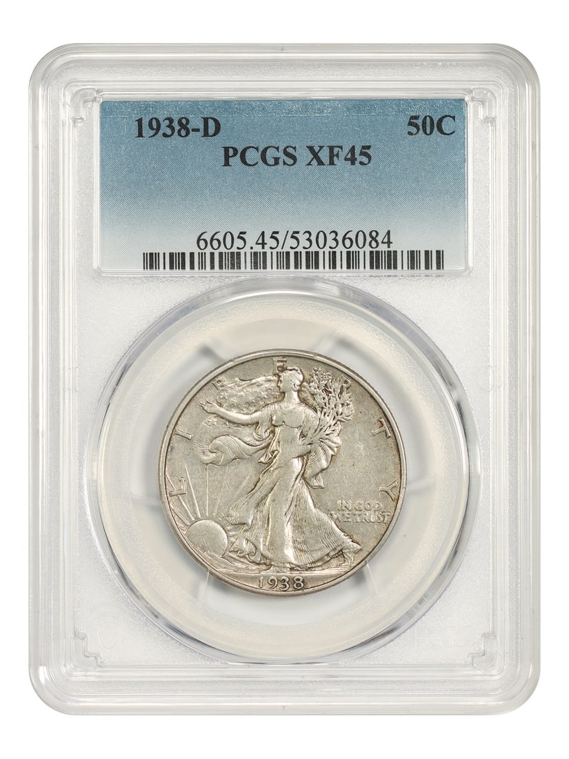 1938-D 50C PCGS XF45 - Walking Liberty Half Dollar - Low Mintage Issue: 1938-D 50C PCGS XF45 - Walking Liberty Half Dollar - Low Mintage Issue The 1938-D Walking Liberty Half Dollar is a low mintage issue, making it a highly sought-after collector's item. This circulated 