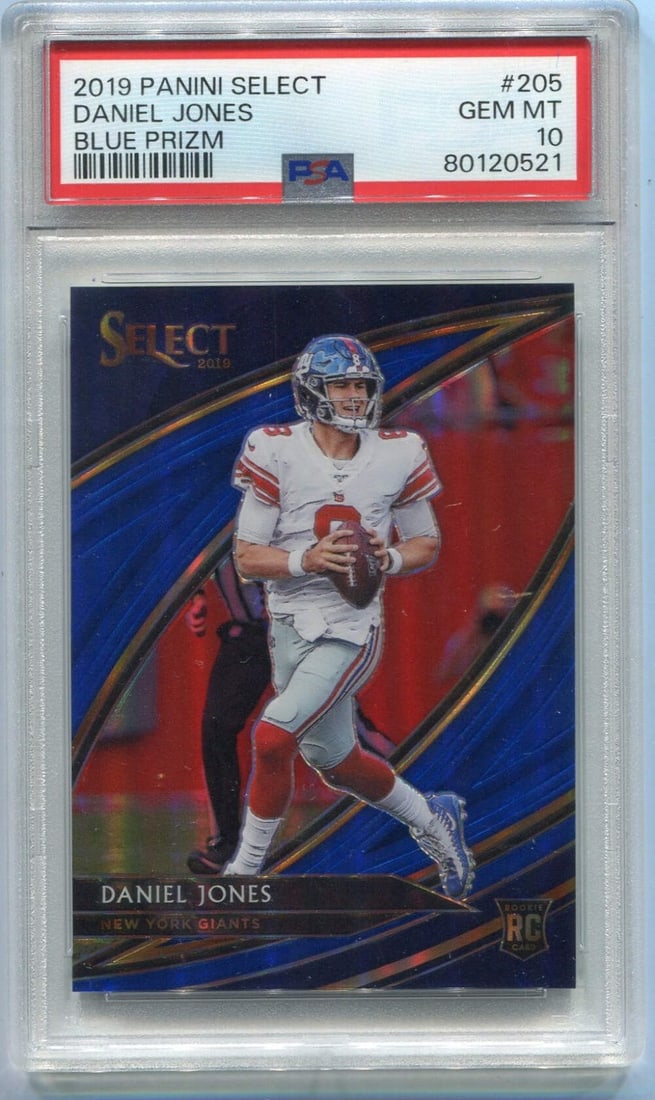 Daniel Jones 2019 Panini Select Field Level Blue Prizm RC 205 8 75 PSA Graded 1: Daniel Jones 2019 Panini Select Field Level Blue Prizm RC 205 8 75 PSA Graded 1 Daniel Jones 2019 Panini Select Field Level Blue Prizm RC #205 8/75 PSA Graded 10. This card is a rare and highly graded
