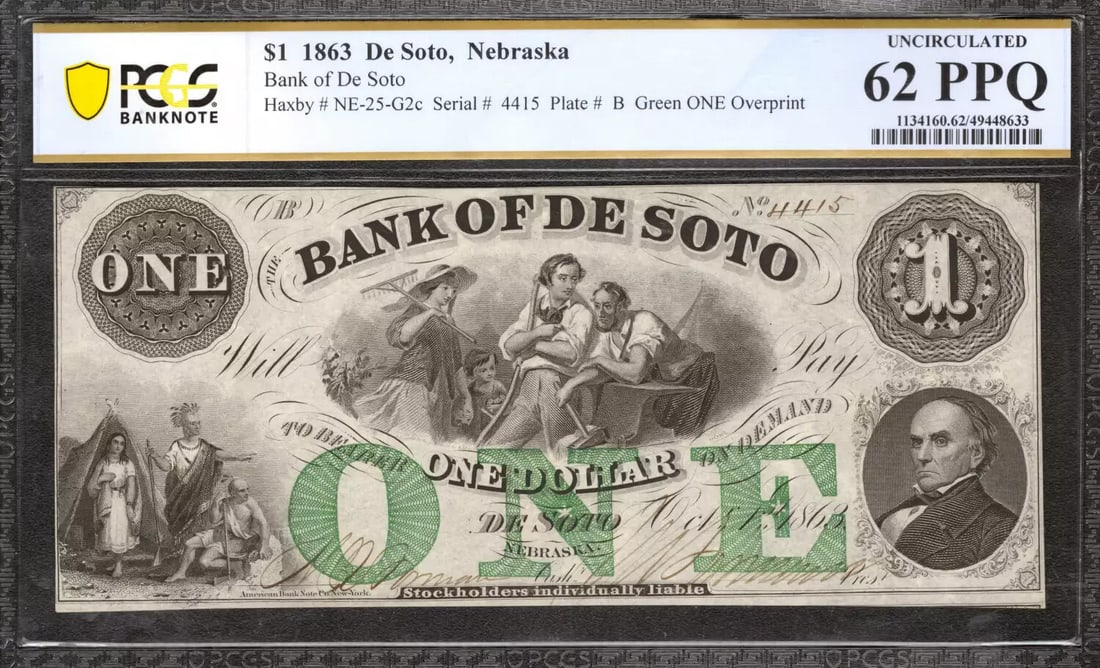 1863 $1 BANK DE SOTO NEBRASKA DOLLAR NE-25-G2C GREEN OVERPRINT PCGS 62 UNC (633): 1863 $1 BANK DE SOTO NEBRASKA DOLLAR NE-25-G2C GREEN OVERPRINT PCGS 62 UNC (633) 1863 $1 Bank of Desoto Nebraska Dollar PCGS 62 UNC, a rare and historic example of early American currency, boasts a st