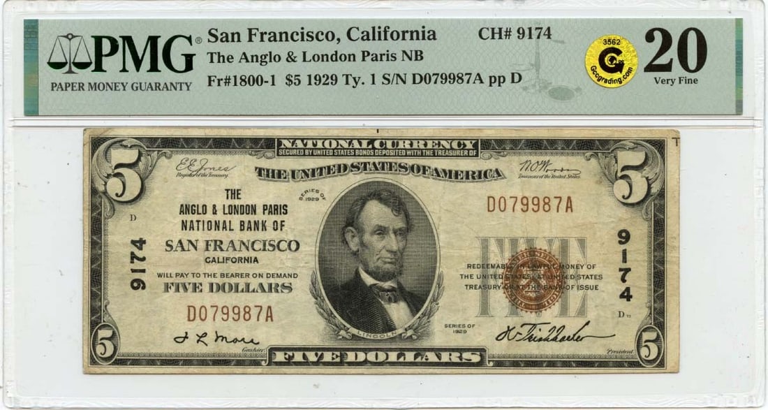 1929 Ty.1 $5 Anglo & London Paris National Bank CA CH#9174 PMG VF20 GCC Gold: 1929 Ty.1 $5 Anglo & London Paris National Bank CA CH#9174 PMG VF20 GCC Gold The 1929 Ty.1 $5 Anglo & London Paris National Bank note is a rare and highly graded example, certified by PMG as VF20. Wit