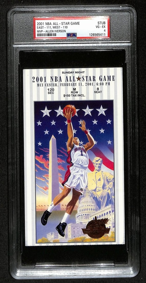 February 11, 2001 NBA All-Star Game Ticket Stub Iverson MVP PSA VG-EX 4 201397: February 11, 2001 NBA All-Star Game Ticket Stub Iverson MVP PSA VG-EX 4 201397 Ticket stub from the 2001 NBA All-Star Game, featuring Allen Iverson as the MVP, graded PSA VG-EX 4. This rare ticket stu
