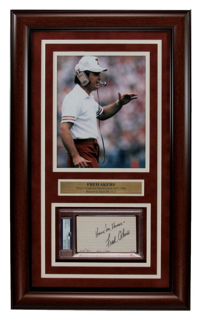 Fred Akers Texas Longhorns Signed 3x5 Index Card Collage Framed PSA/ DNA 200146 (1 of 3)