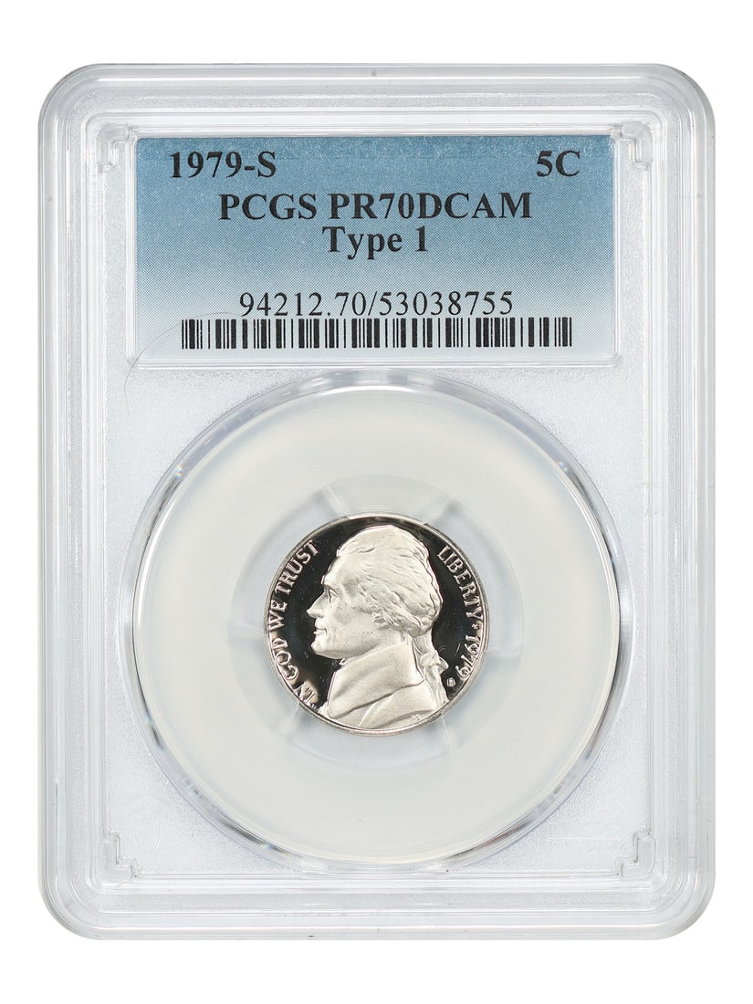 1979-S 5C PCGS PR70DCAM (Type 1) - Jefferson Nickel: 1979-S 5C PCGS PR70DCAM (Type 1) - Jefferson Nickel The 1979-S 5C PCGS PR70DCAM (Type 1) Jefferson Nickel is a highly graded, uncirculated coin with a stunning PR70DCAM grade, indicating nearly flawle