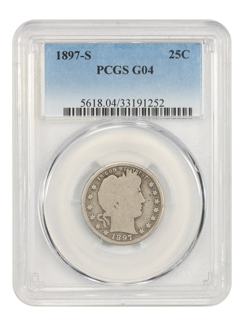 PCGS Good 04 Barber Quarter 25C 1897-S: PCGS Good 04 Barber Quarter 25C 1897-S The 1897-S Barber Quarter, graded PCGS Good 04, is a circulated example of this iconic coin. This San Francisco minted quarter is a notable addition to any colle