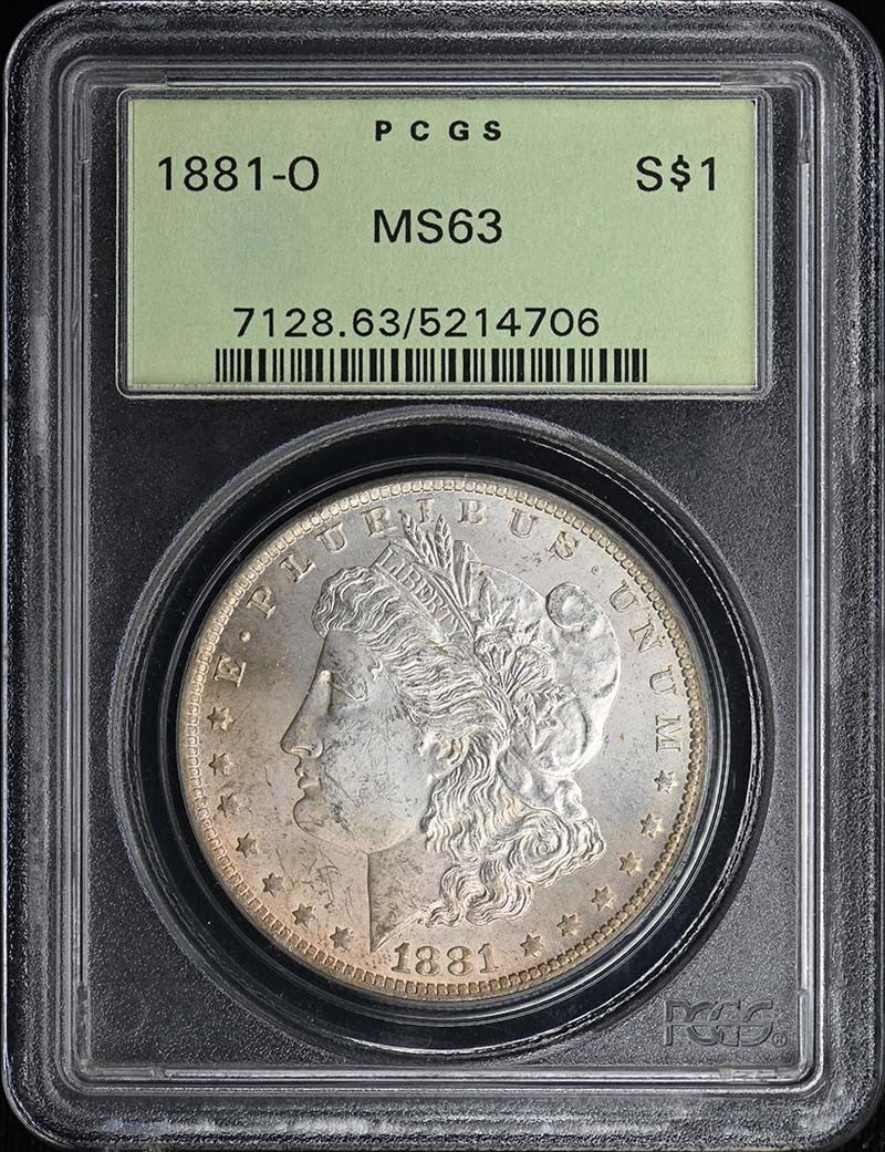 1881-O $1 Morgan Dollar PCGS MS63: 1881-O $1 Morgan Dollar PCGS MS63 The 1881-O $1 Morgan Dollar is a highly sought-after coin, graded MS63 by PCGS. This uncirculated coin was minted in New Orleans and features the iconic design of Aug