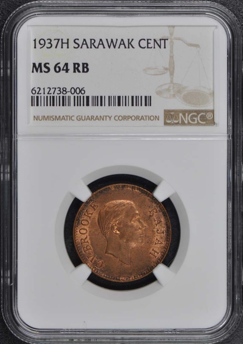 1937H SARAWAK CENT NGC MS64RB: 1937H SARAWAK CENT NGC MS64RB The 1937H SARAWAK CENT NGC MS64RB is a highly graded uncirculated coin, certified by the Numismatic Guaranty Corporation (NGC) with a grade of MS64. This coin boasts a ri
