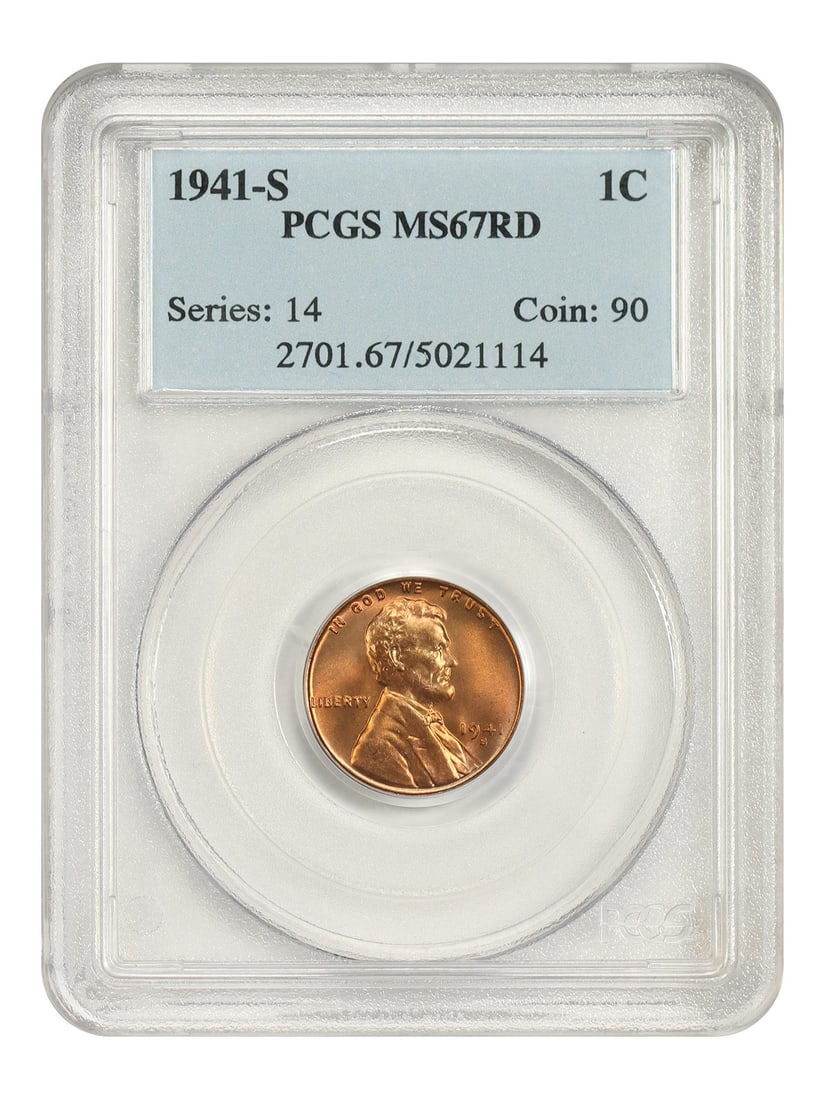 1941-S 1C PCGS MS67RD - Lincoln Cent (Wheat Reverse): 1941-S 1C PCGS MS67RD - Lincoln Cent (Wheat Reverse) The 1941-S 1C PCGS MS67RD - Lincoln Cent (Wheat Reverse) is a highly graded, uncirculated coin with a rich history. Certified by PCGS as MS67RD, th