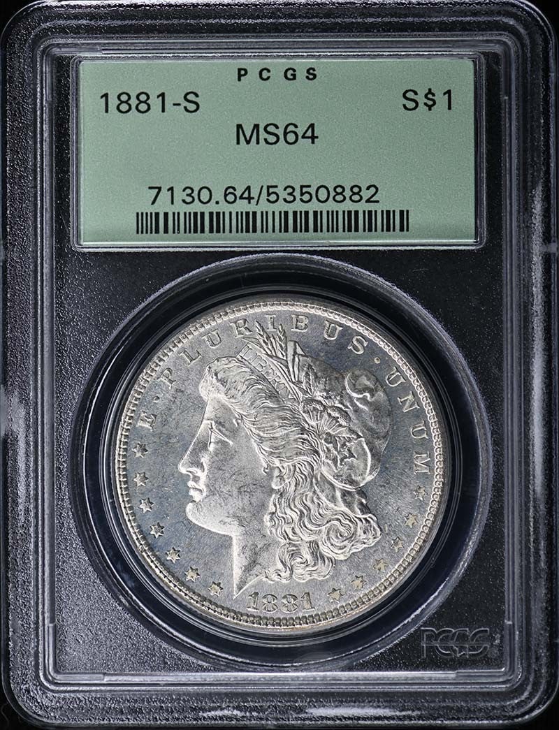 1881-S $1 Morgan Dollar PCGS MS64: 1881-S $1 Morgan Dollar PCGS MS64 The 1881-S $1 Morgan Dollar, graded MS64 by PCGS, is a highly detailed and well-preserved coin from the San Francisco mint. Its uncirculated condition showcases the c