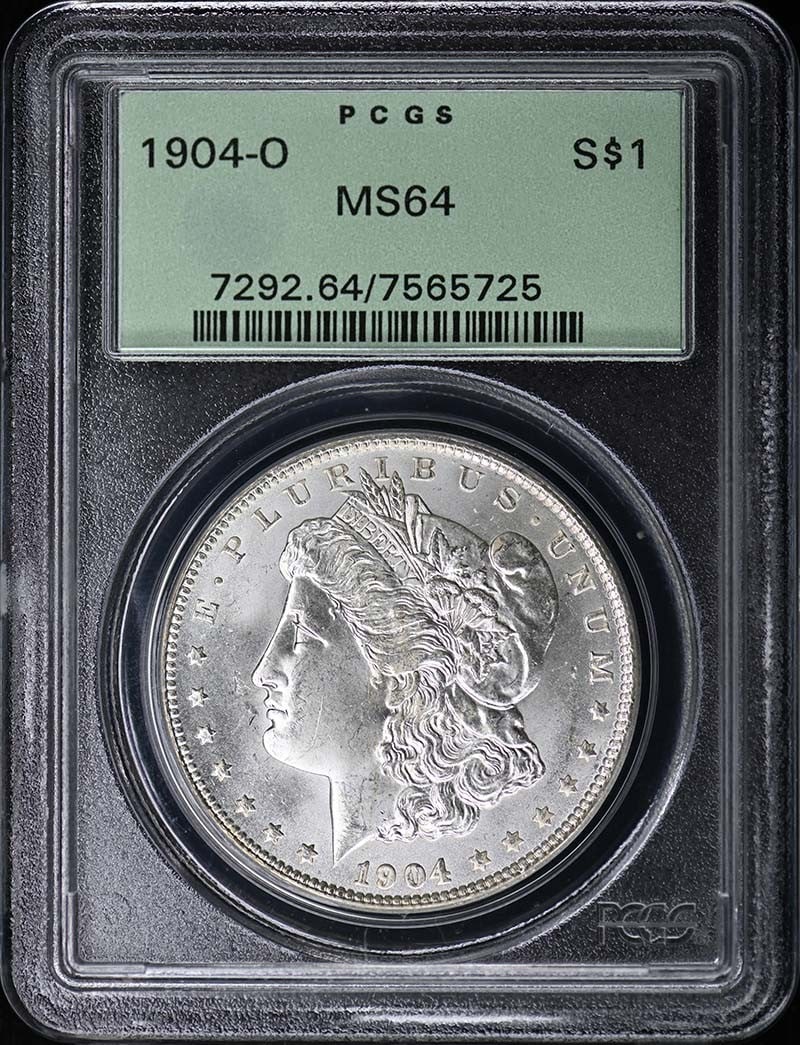 Morgan Dollar 1904-O PCGS MS64: Morgan Dollar 1904-O PCGS MS64 The 1904-O Morgan Dollar, graded MS64 by PCGS, is a highly detailed and well-preserved example of this iconic coin. Certified by the prestigious Professional Coin Gradin