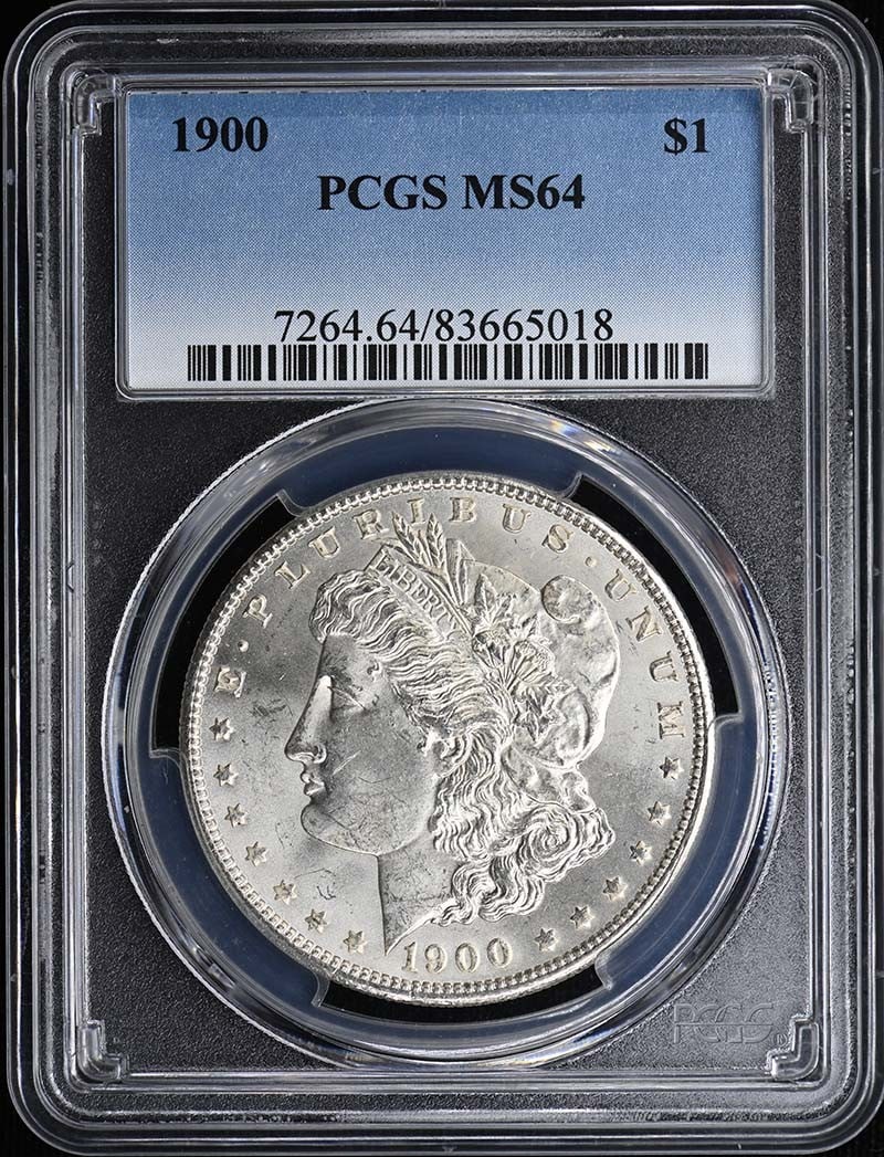 Morgan Dollar MS64 PCGS $1: Morgan Dollar MS64 PCGS $1 MS64 PCGS Certified Morgan Dollar 1900. This uncirculated Morgan Dollar features a high-grade MS64 certification from the Professional Coin Grading Service (PCGS), indicatin