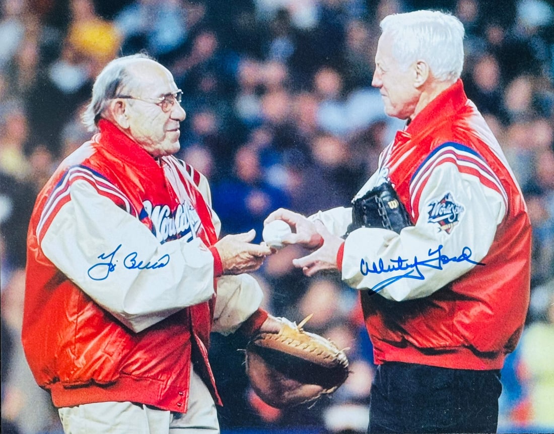 Yogi Berra & Whitey Ford Autographed 11x14 Baseball Photo (Ford COA): Yogi Berra & Whitey Ford Autographed 11x14 Baseball Photo (Ford COA) Signed in blue sharpie across the front of a 11x14 baseball photo, this unique piece features the signatures of baseball legends Yo