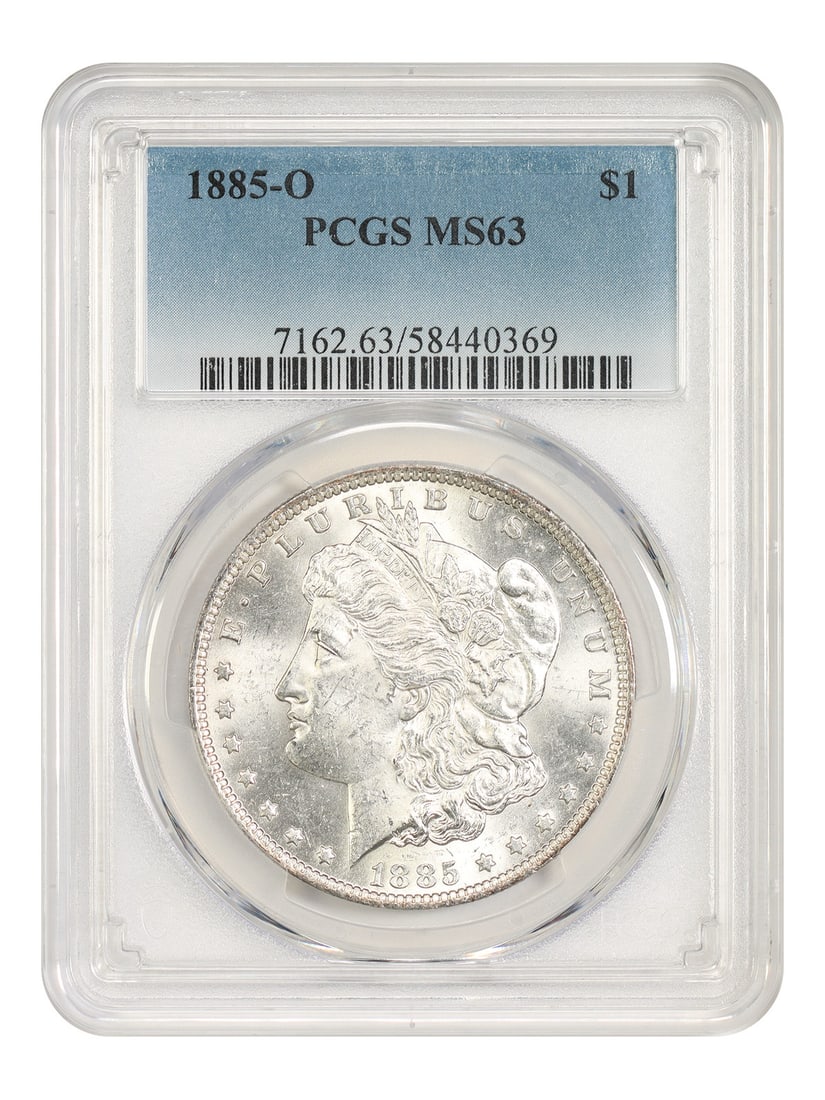 1885-O $1 PCGS MS63 - Morgan Dollar: 1885-O $1 PCGS MS63 - Morgan Dollar The 1885-O $1 Morgan Dollar is a highly sought-after coin, certified MS63 by PCGS. This uncirculated coin features the iconic design of Augustus Saint-Gaudens, mint