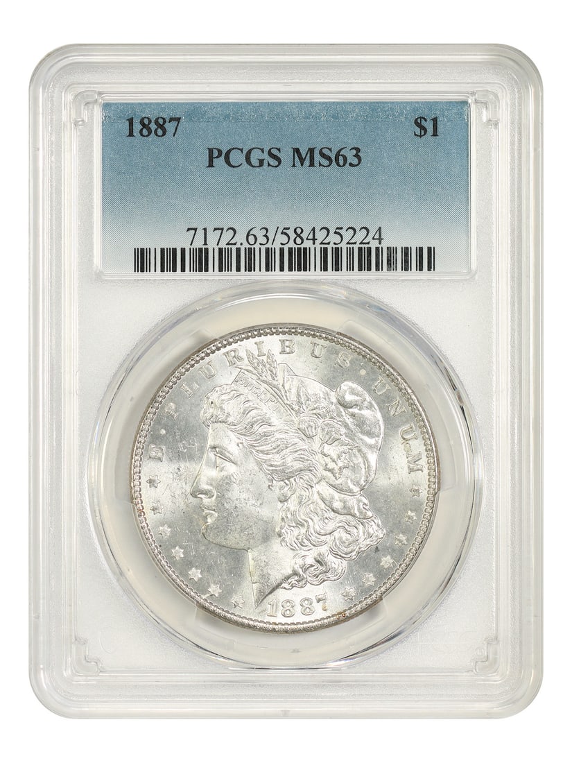 1887 $1 PCGS MS63 - Morgan Dollar: 1887 $1 PCGS MS63 - Morgan Dollar The 1887 Morgan Dollar is a highly sought-after coin, graded MS63 by PCGS. This uncirculated coin features the iconic design of Augustus Saint-Gaudens, minted in Phil
