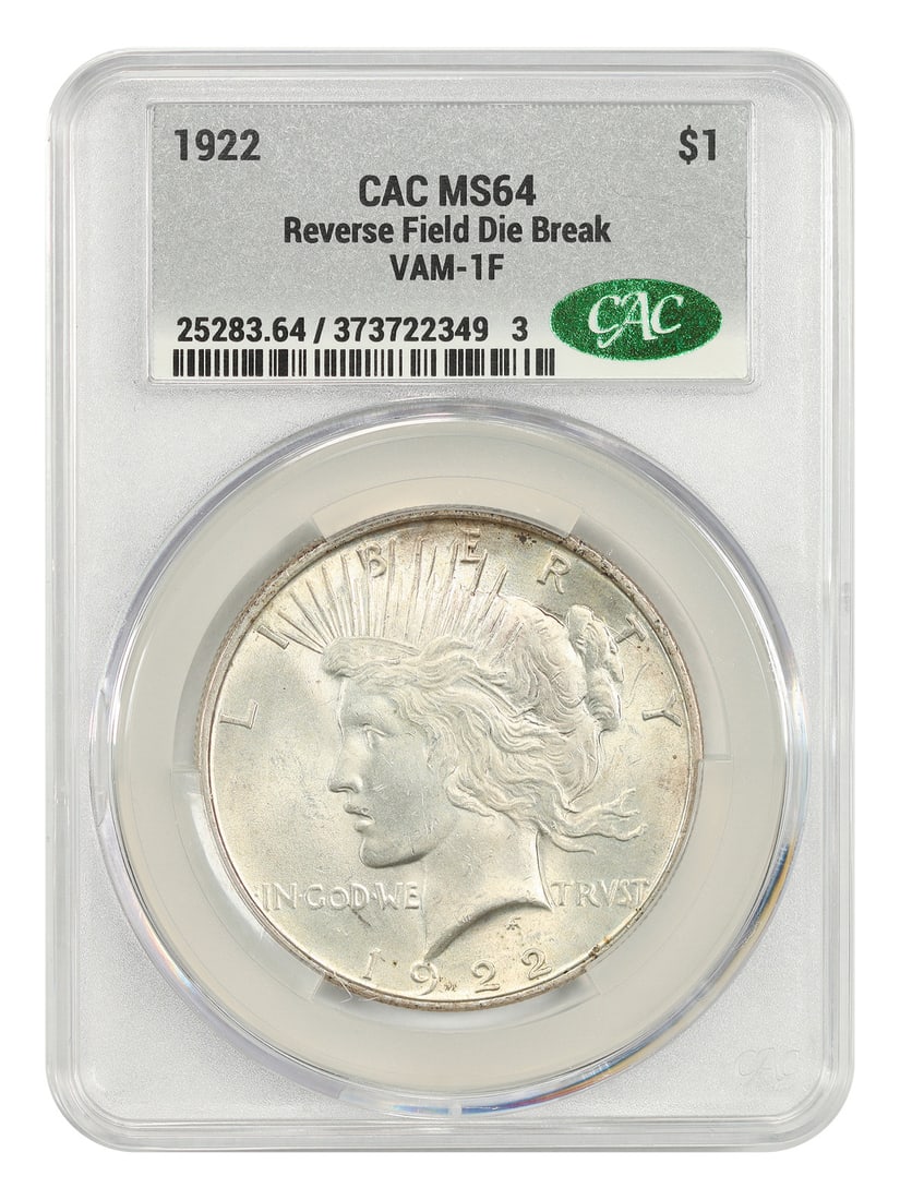1922 $1 CACG MS64 (VAM-1F, Reverse Field Die Break) - Peace Dollar: 1922 $1 CACG MS64 (VAM-1F, Reverse Field Die Break) - Peace Dollar CACG certified 1922 $1 CACG MS64 (VAM-1F, Reverse Field Die Break) - Peace Dollar, showcasing a notable reverse field die break and b